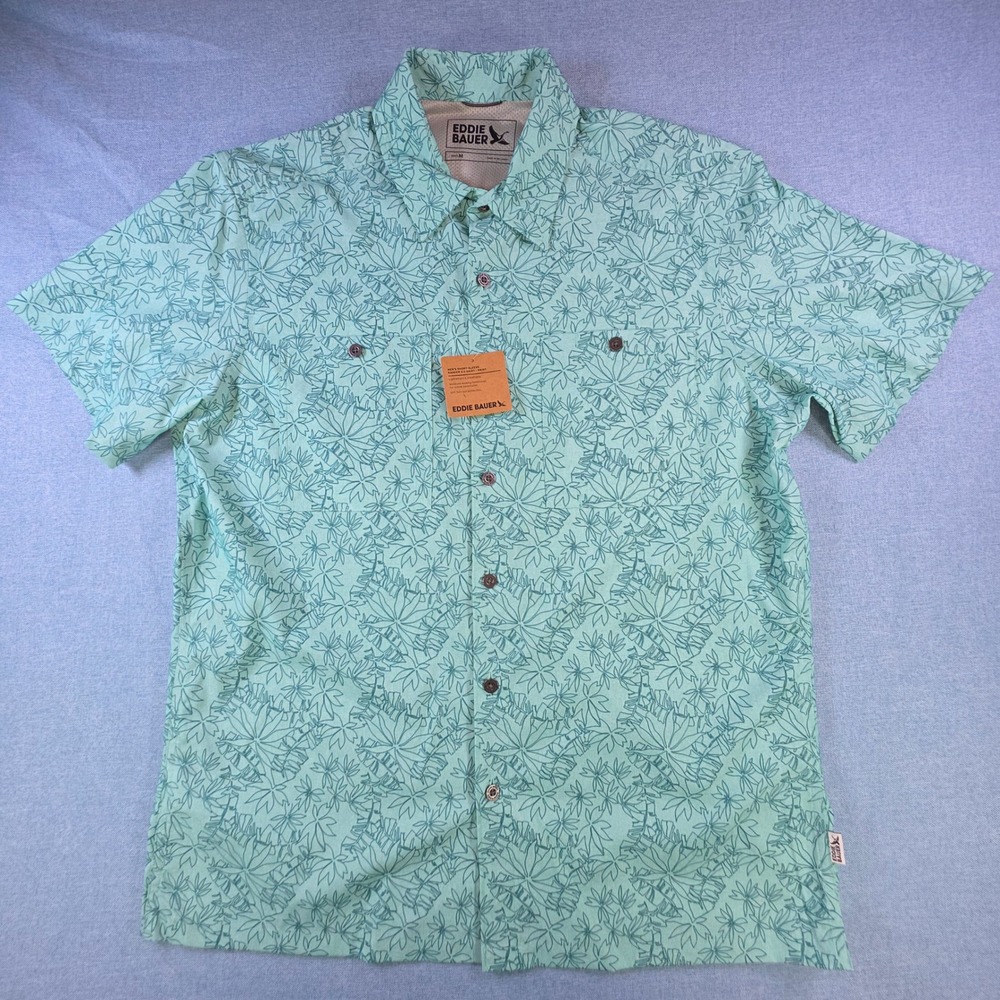 Eddie Bauer Mens Rainier 3.0 Print Short Sleeve Shirt Aqua UPF 50+ Medium NWT
